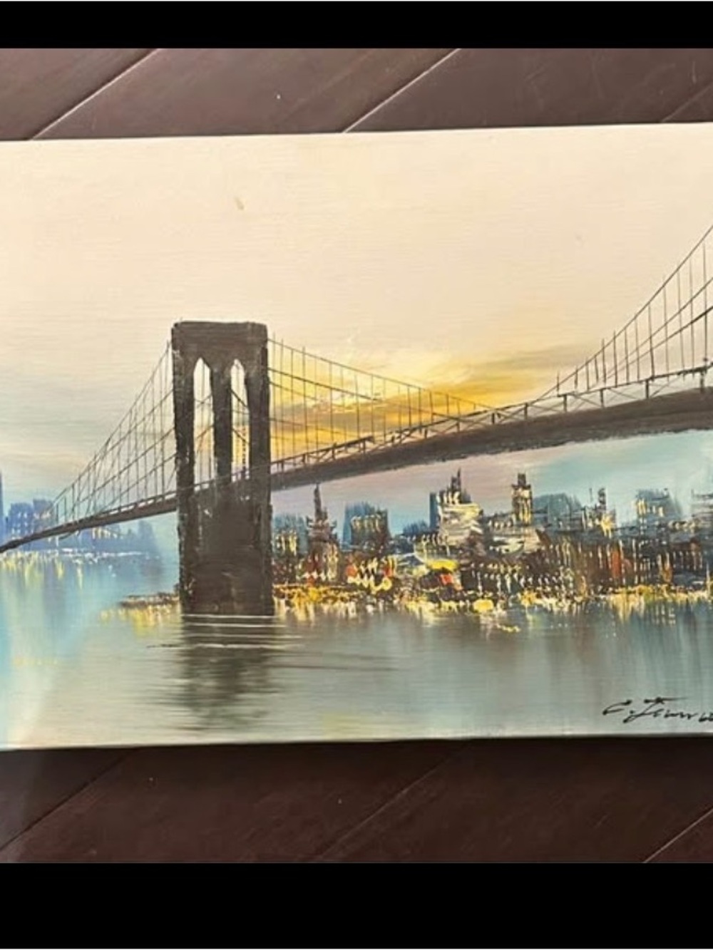 Sunset Bridge Cityscape Canvas Wall Art - Gray and Blue